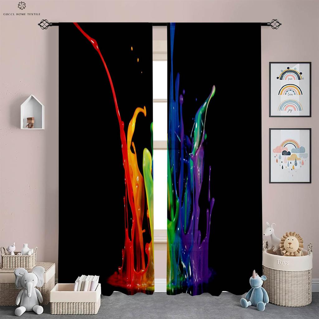 Watercolor Rainbow Stripe Printed Curtains, Polyester Fiber, Bedroom, Living Room, Study Room, Decorative, 2 Pieces