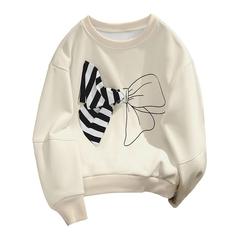 Womens Sweet Stripe Hoodie With 3D Bow Detail Round Neck Loose Fit Cotton Blend Top Fall 2025