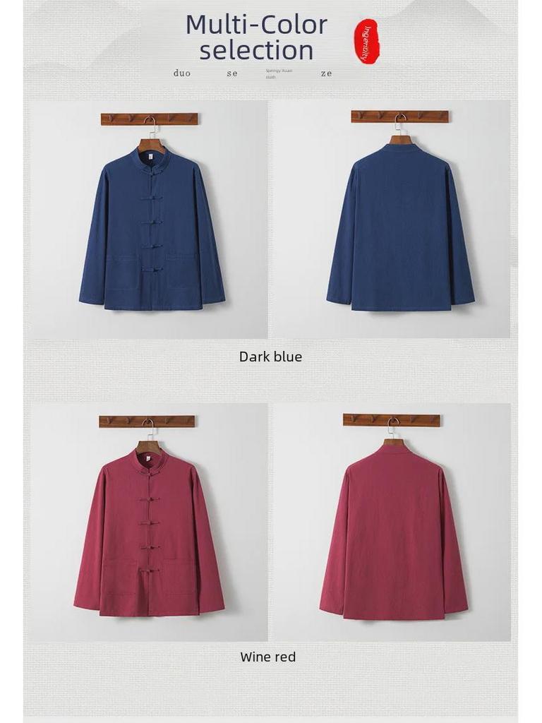 Men's Retro Chinese Style Linen Shirt, Long Sleeve, Button-Up, Stand Collar Tang Suit