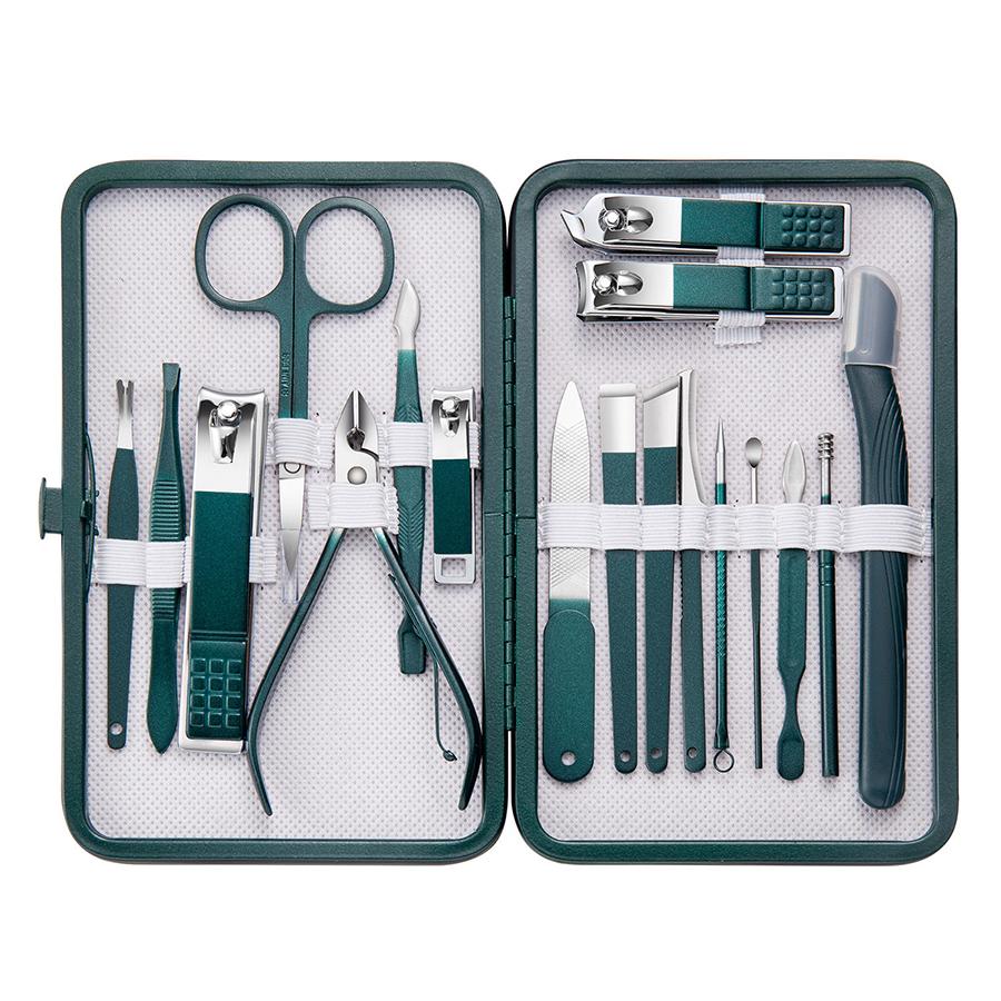 Green Manicure Set With Leather Case Professional Foot And Face Care Tool Kits Stainless Steel Nail Clipper Sets Gift