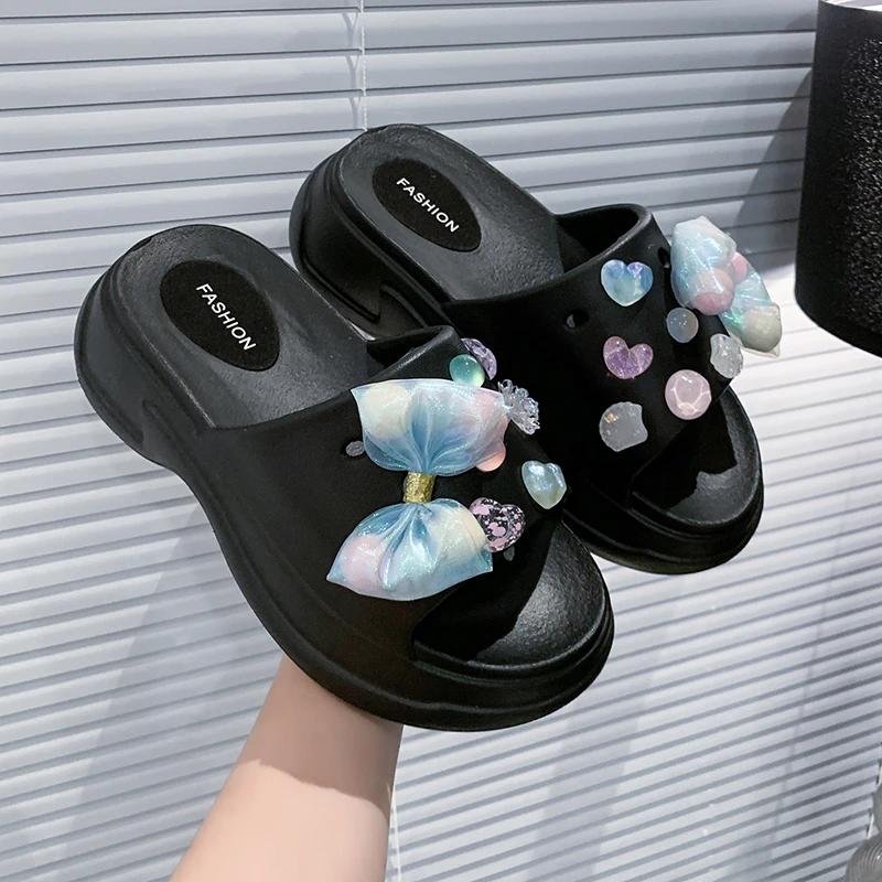 Fashion Fashion Colored Crystal Platform Slippers Women 2025 Summer Diy Thick Bottom Clogs Sandals Woman Non Slip Outdoor Slides Female