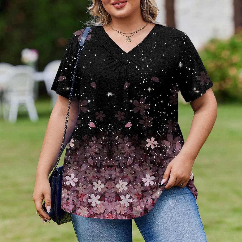 Women's Plus Size Fashionable Casual Loose-Fit Short Sleeve Elegant V Neck Blouse For Work
