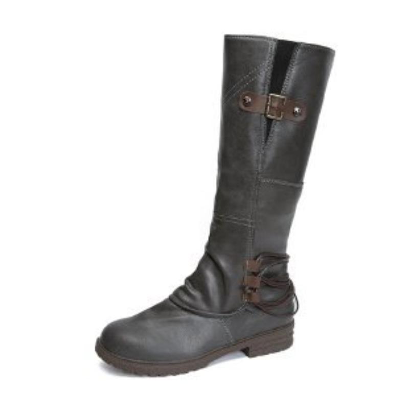 Women's Tall Square Heel Riding Boots, Side Zipper Buckle High Calf Leather Boots, Plus Size Fall Winter Shoes