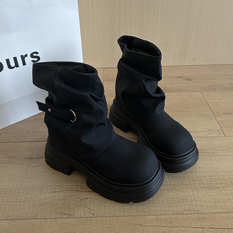 Fashion Thick Bottom Women Pipe Short Boots Punk Style Belt Buckle Slip On Shoes Autumn Winter Women's Motorcycle Booties