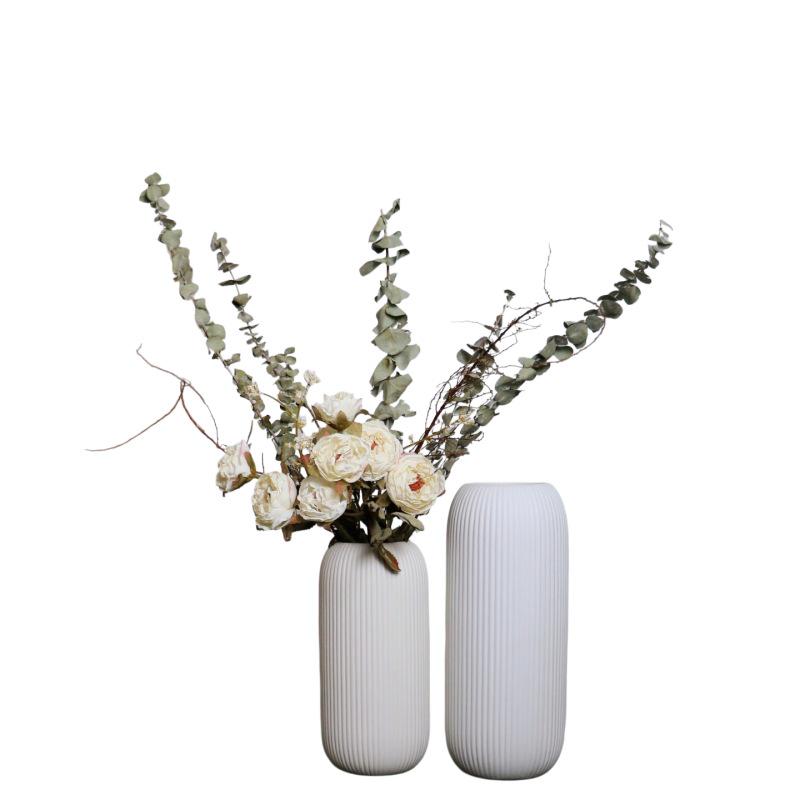 Nordic Matte Frosted Ceramic Vase with Vertical Stripes - Decorative Soft Furnishing for Living Room Entrance