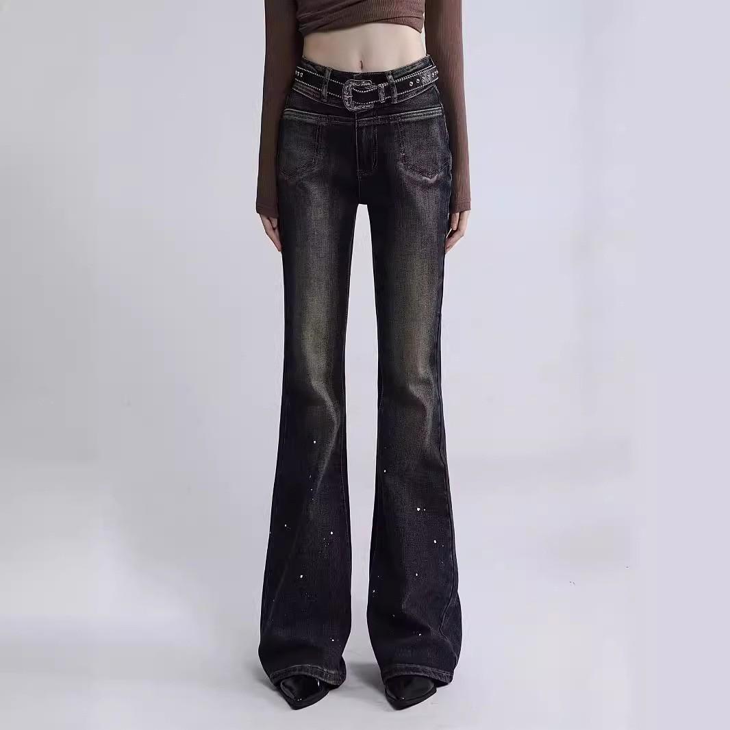 

Women s American Vintage Splatter Ink Micro-Flare Slim-Fit Jeans - Trendy Floor-Length Trousers for Summer High Street Style XS синий