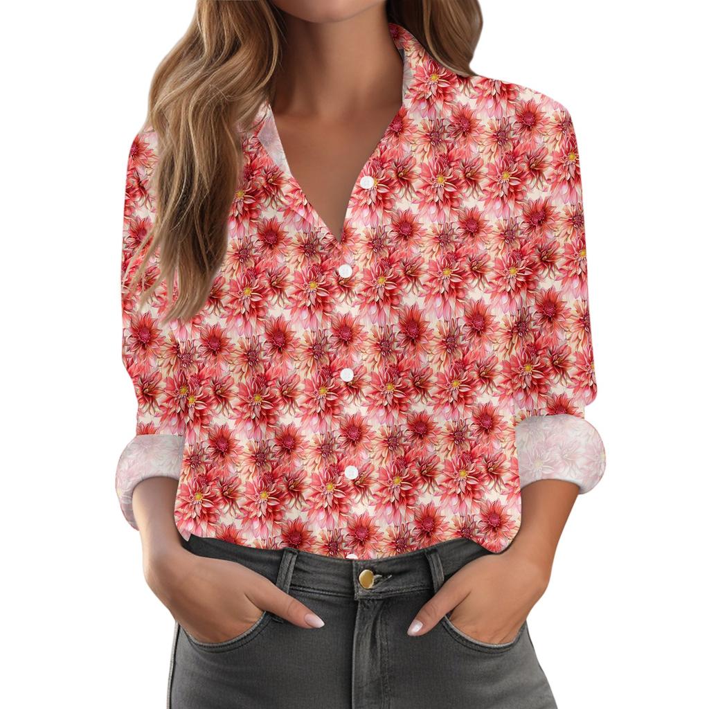 Women's Shirt With Floral Print Buttons, Long Sleeved Casual Regular Shirt Blouses Casual Plus Size Basic Tops