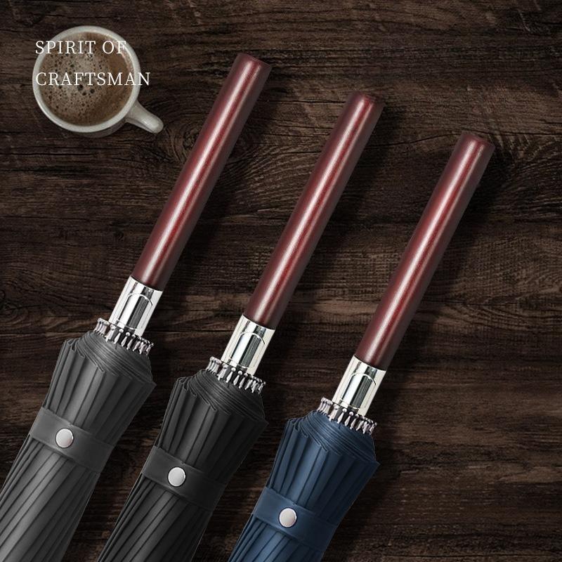 24 Bone Fiber Lotus Bone Wooden Handle Umbrella Men's High-grade Business Thickened Strong Straight Long Handle Umbrella