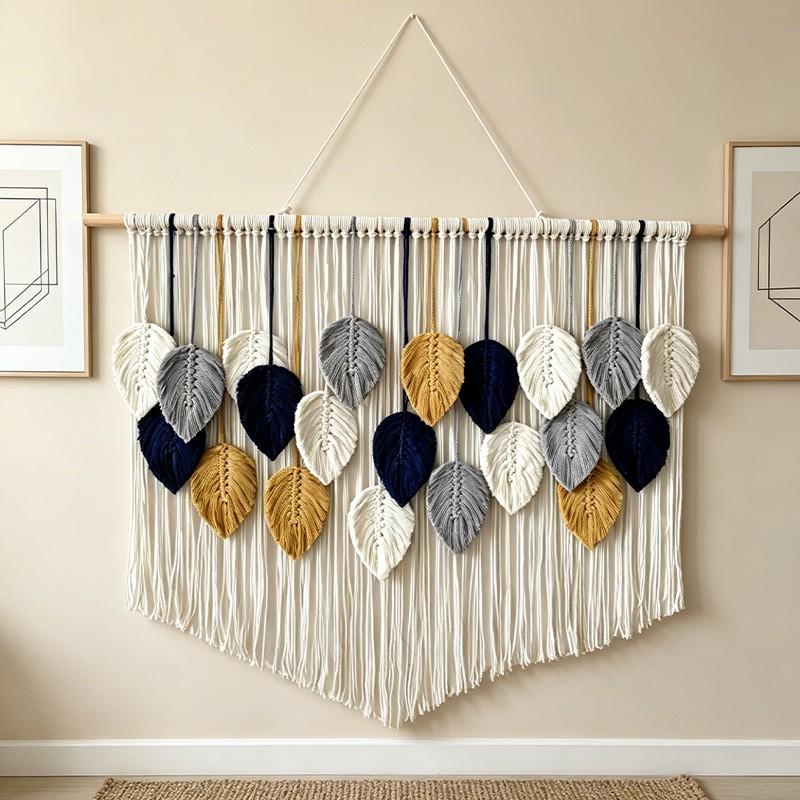 Bohemian Handwoven Leaf Tapestry Wall Hanging Living Room Bedroom Decor Cotton Tassel Art