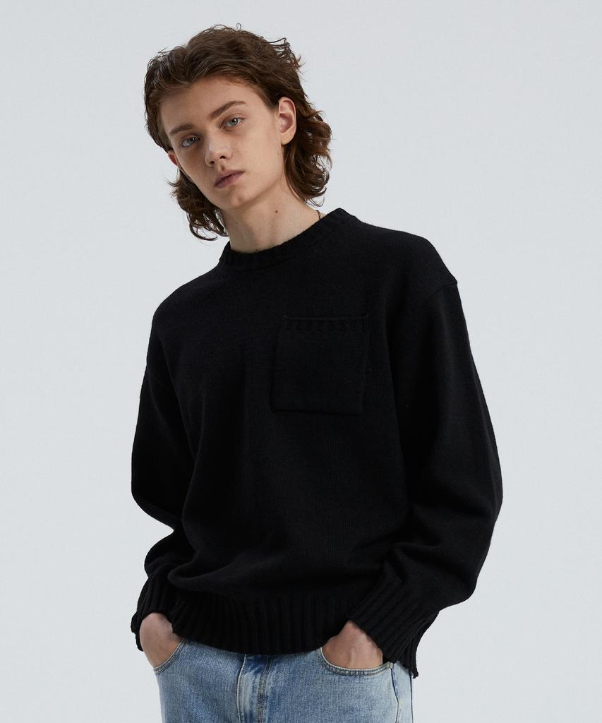KNITTED Cashmere Wool Pocket Round Knit Black