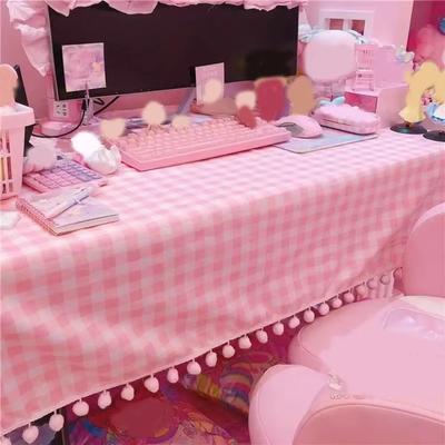 Cute Kawaii Girls Hot Pink Tablecloth Rectangular Cotton Plaid Desk Cloth Wallpaper Mat Dormitory Computer