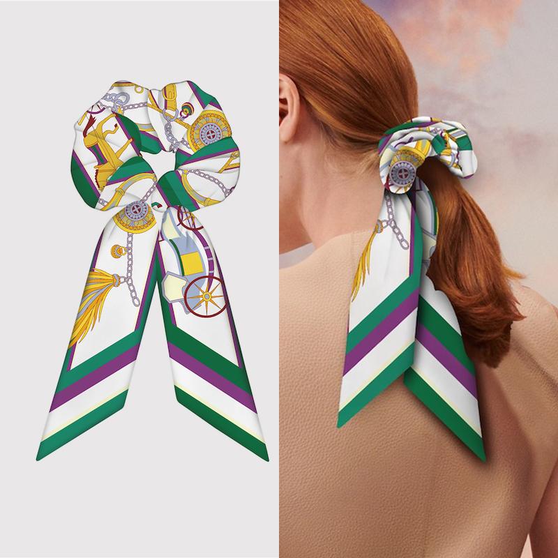 Girl Hair Silk Scarf Lady Elastic Scrunchies Ties Band Accessories Luxury Design Horse Print Ponytail Hairstyle Hairbands Ribbon
