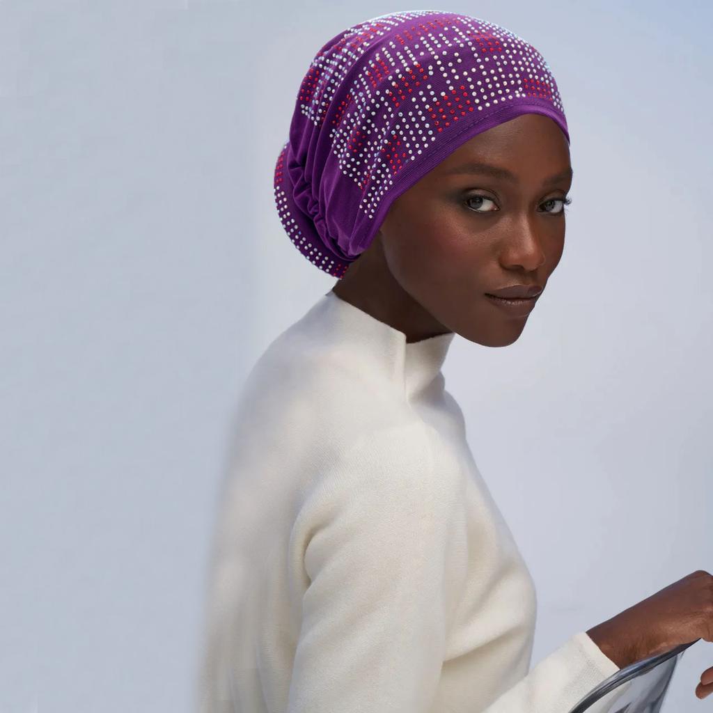 Full Diamonds Women's Donut Turban Cap Elastic Muslim Headscarf Bonnet Female Headband Hat African Caps Lady Hair Accessories