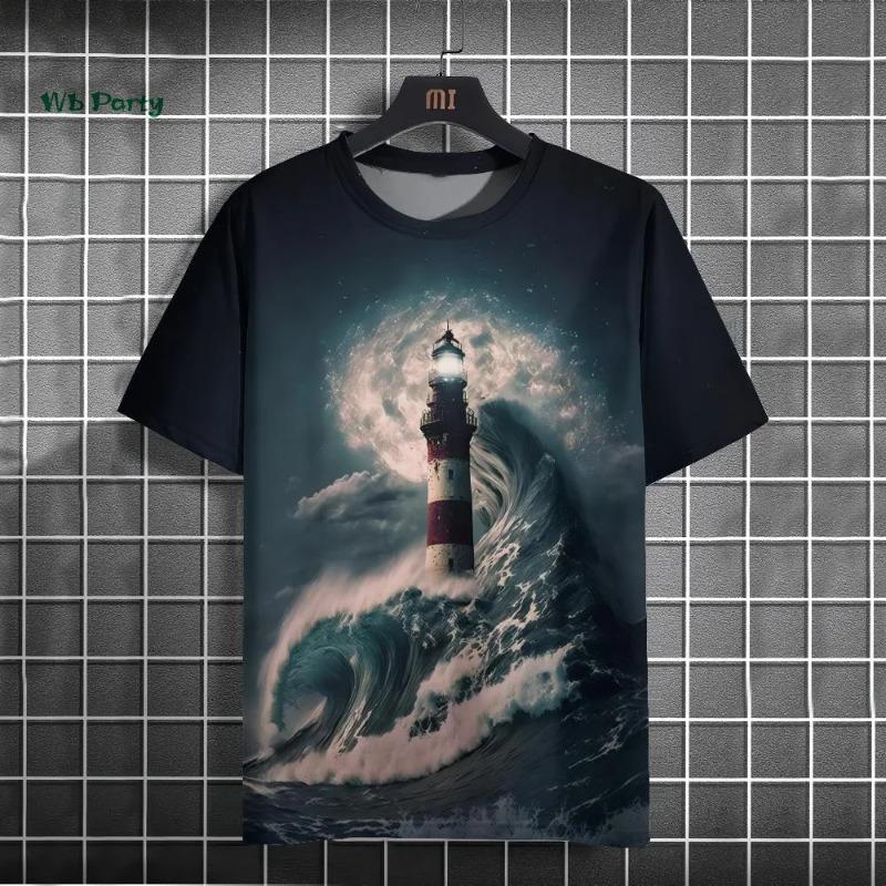Lighthouse 3D Printed Men's Short Sleeve T-Shirts Hip Hop Street Tops Casual Loose Men's Clothing
