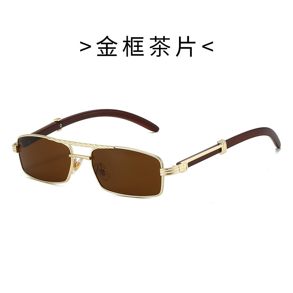 New Metal Rectangle Sunglasses for Women & Men Stylish Mini Frame with Double Bridge and Wood Grain Design Sunglasses
