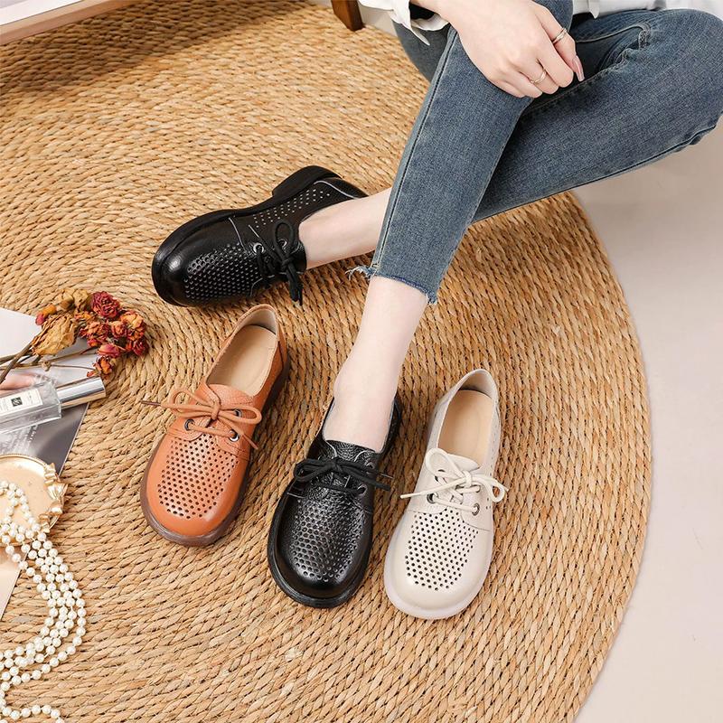 2026 Spring Summer Genuine Leather Women Casual Shoes Comfort Flat Round Toe Mother Shoes for Daily Wear Plus Size 41