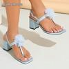 Square Toe Lace Flower High Heel Sandals Women's New Chunky Heel Sky Blue Sandals for Women Beach Party Dress Shoes Fashion