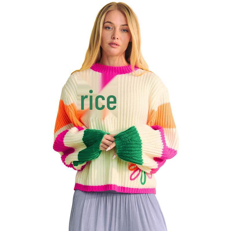 2025 Winter Floral Color Block Knit Pullover for Women - Warm European & American Fashion Sweater