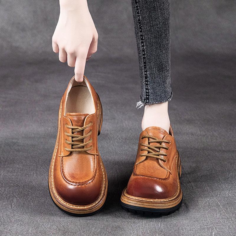 [Heavy Industry] First-layer cowhide loafers for women's autumn 2025 new leather retro lace-up small leather shoes