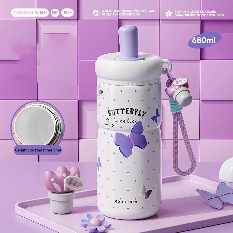 680ML Portable Vacuum Flasks 316 Stainless Steel Ceramic Inner Straw Cup Student Water Bottle Travel Tumbler