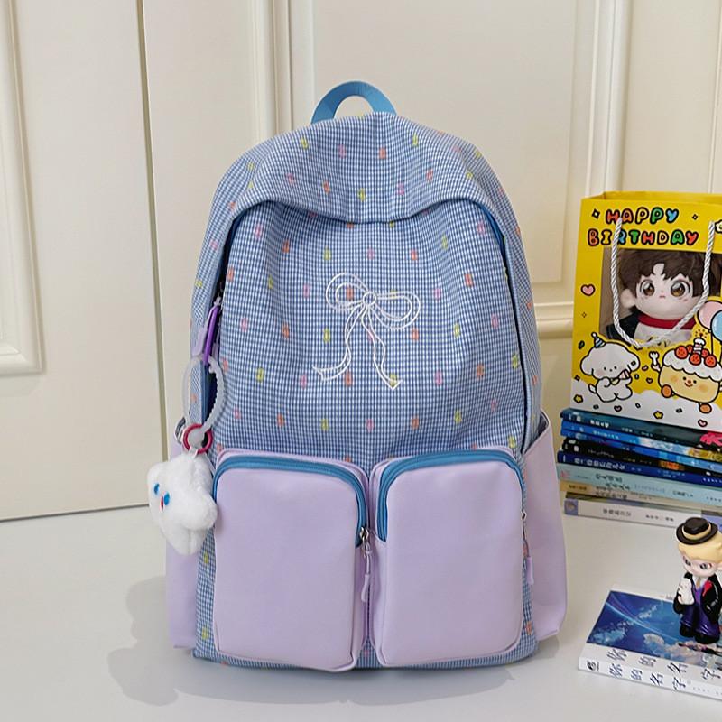 Fashion Color Blocked Bow Embroidery Colorful Polka Dot Pattern Student Backpack For Travel And School