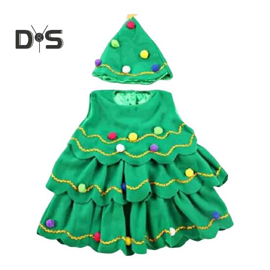 2 Pcs/Set Christmas Costume with Hat Multi Plush Ball Pendant Decor Scattered Cake Hem Sleeveless Round Neck A-line Christmas Tree Cosplay