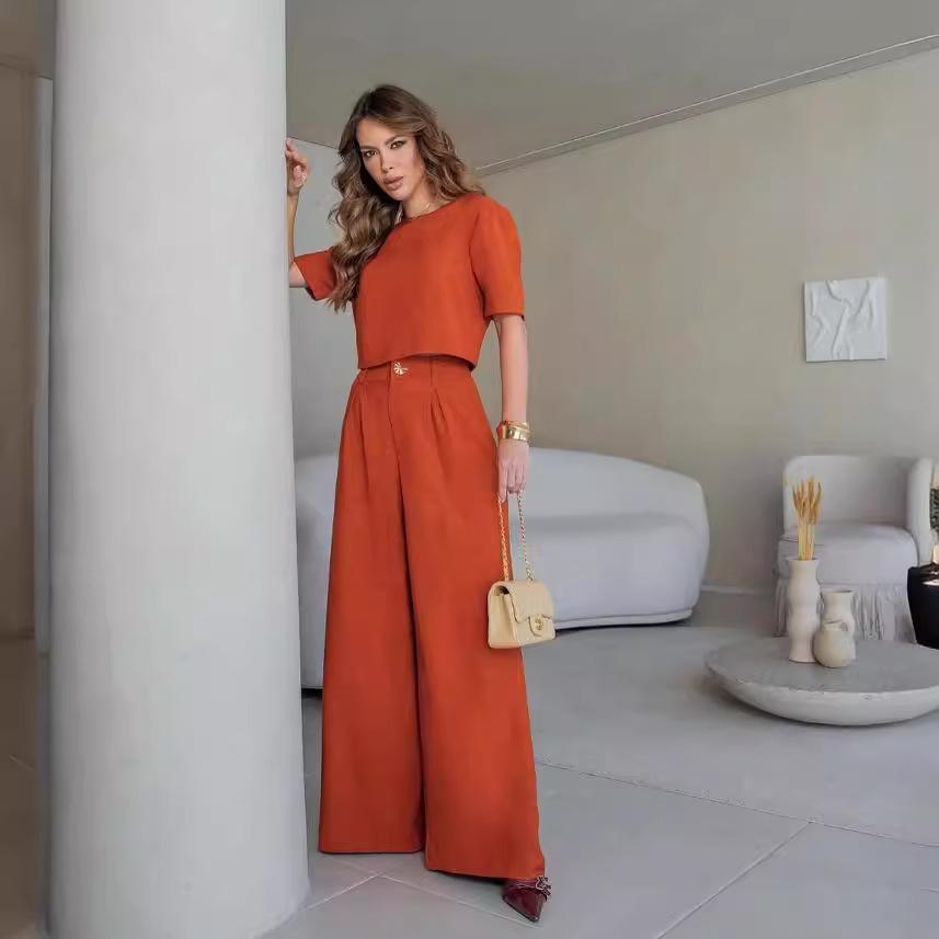Summer 2024 Women's European & American Round Neck Slim Top and Wide-Leg Pants Set