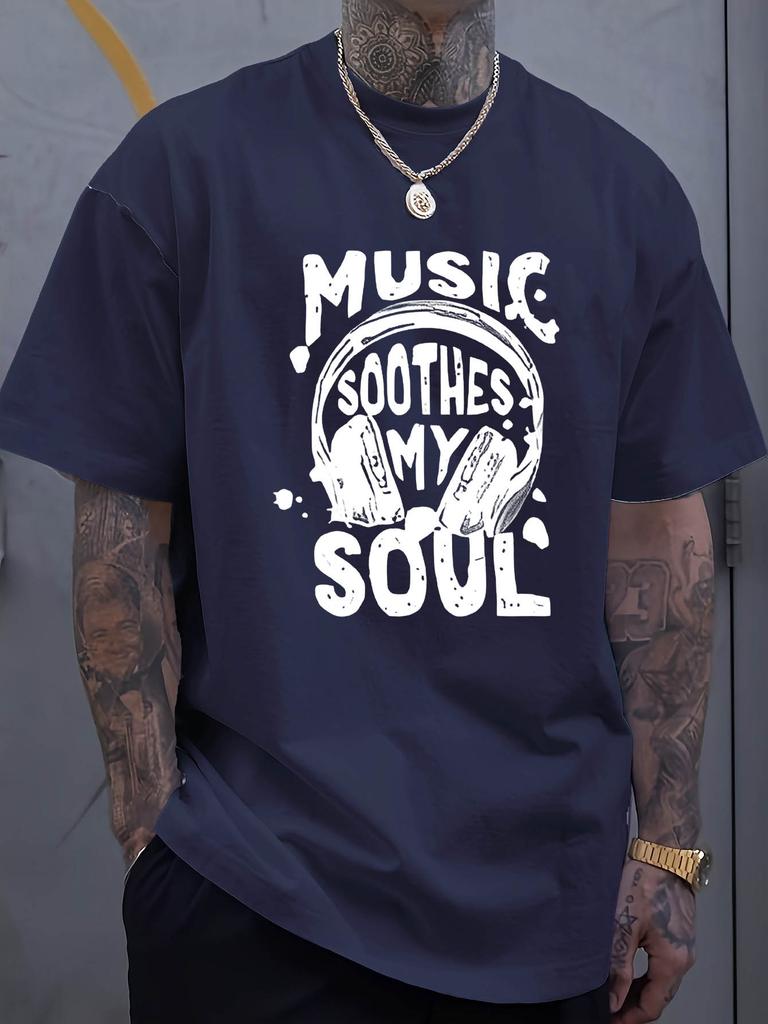 Men's Summer 100% Cotton Fashionable Casual Loose Music Soothing My Soul Pattern Printed Sports Round Neck Short Sleeve T-shirt