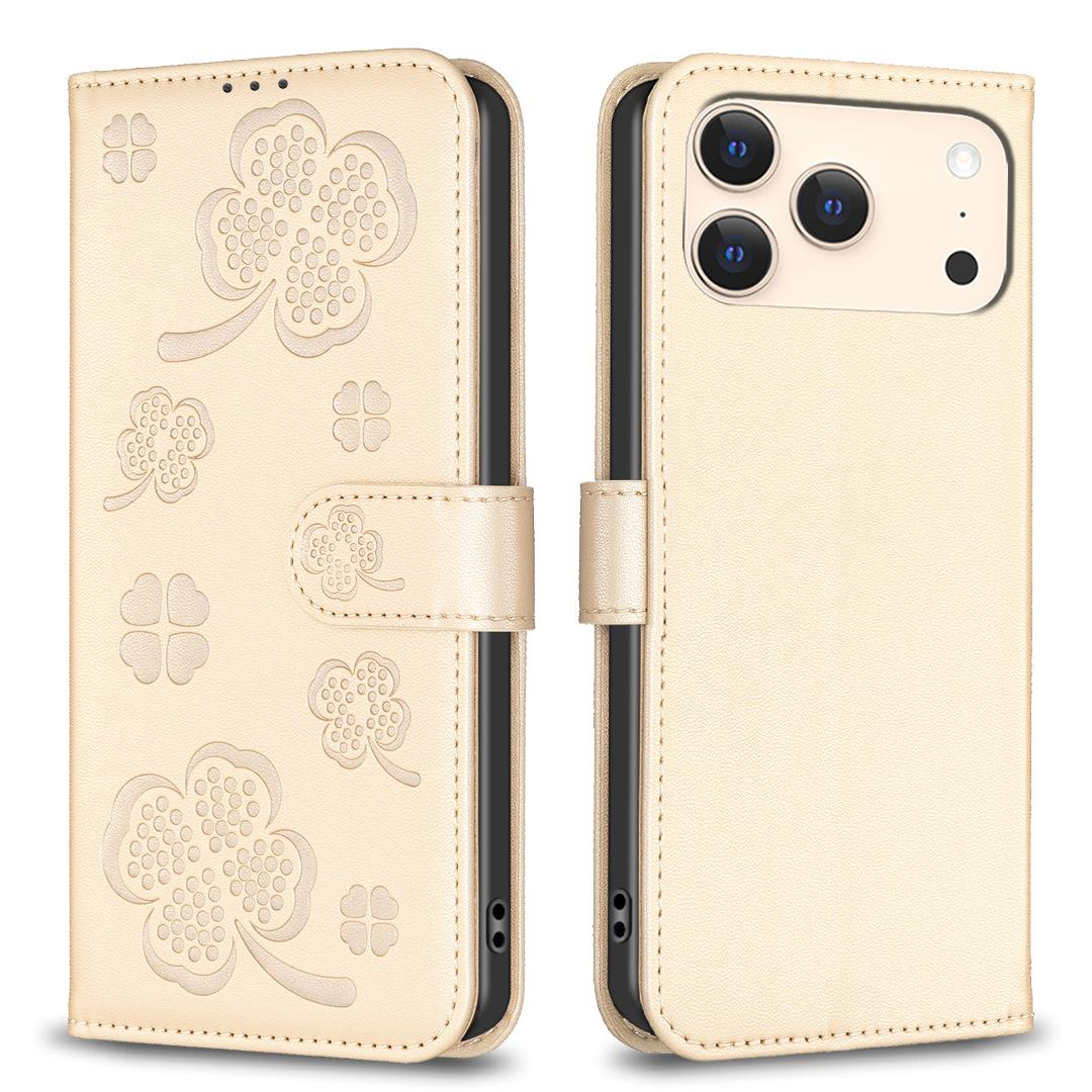 

For iPhone 17 Pro Max Case Clover Pattern Wallet Stand View Leather Phone Cover Gold