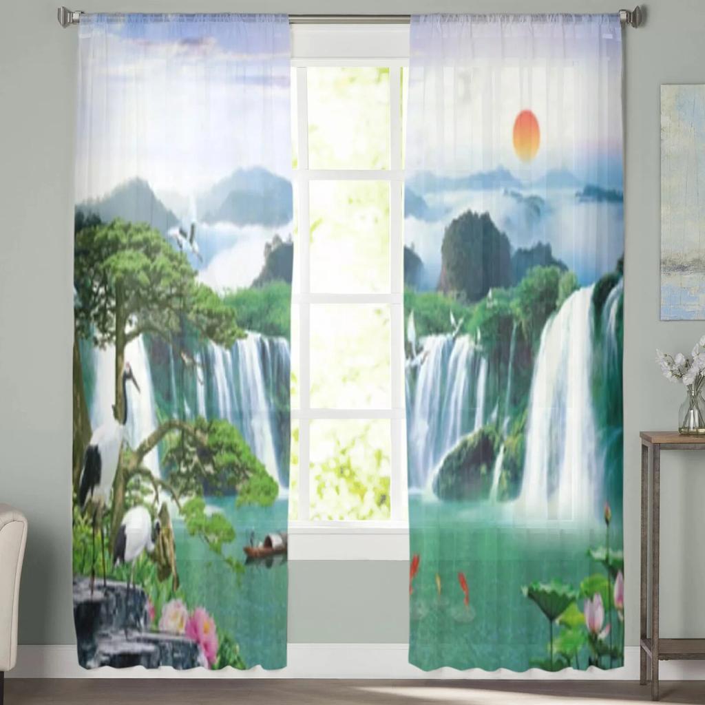 Mountain Landscape With Waterfalls Tulle Window Curtain For Living Room Bedroom Voile Sheer Curtains Kitchen Treatments Drapes