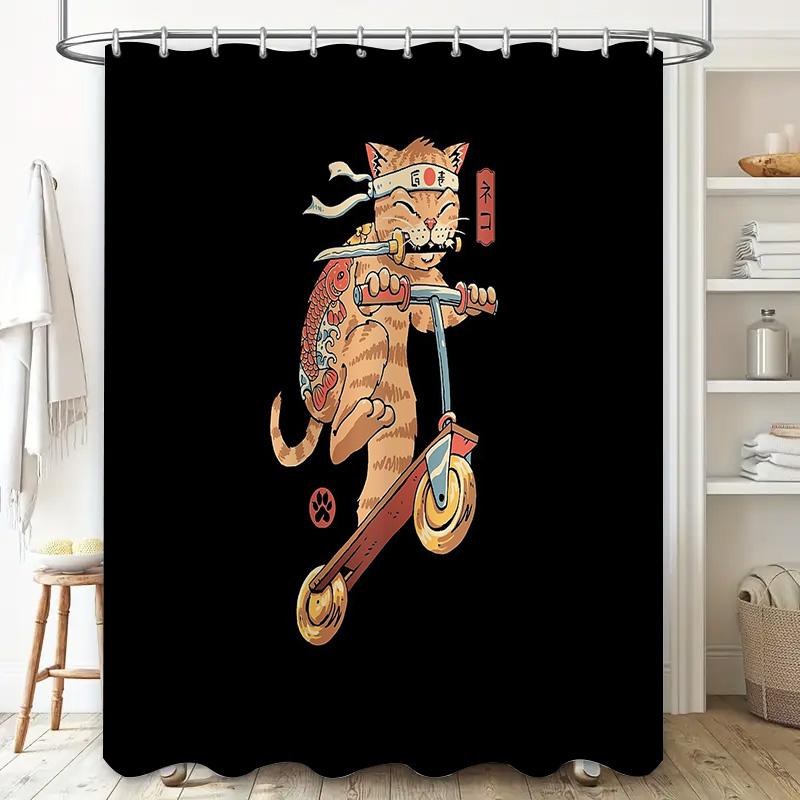 Japanese Cat Scooter Anime Shower Curtain Unique Cool Funky Washroom Decor Home Decor Gift for Cat Lovers