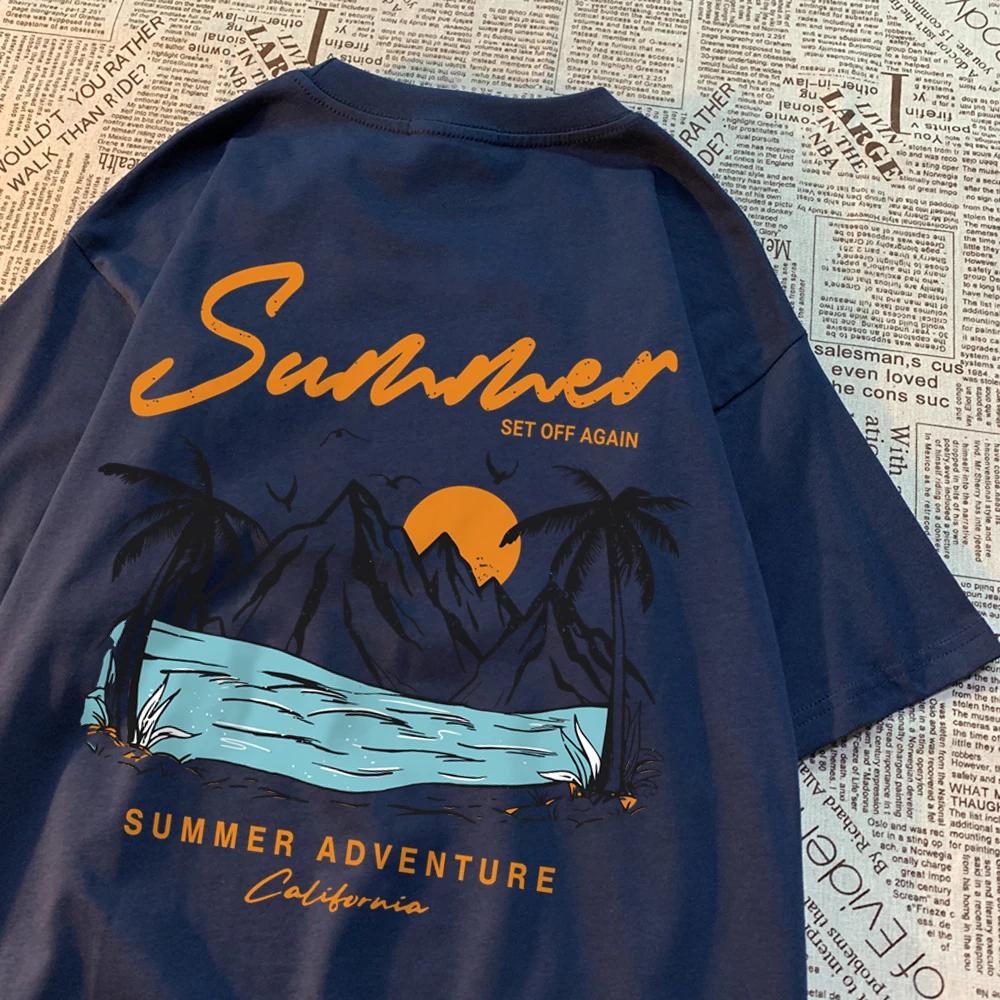 Letní dobrodružství Západ slunce Kokosová palma Horská scénická oblast Tričko Muži Ženy Hip Hop Bavlna Topy Pár Oversized Trička Pár