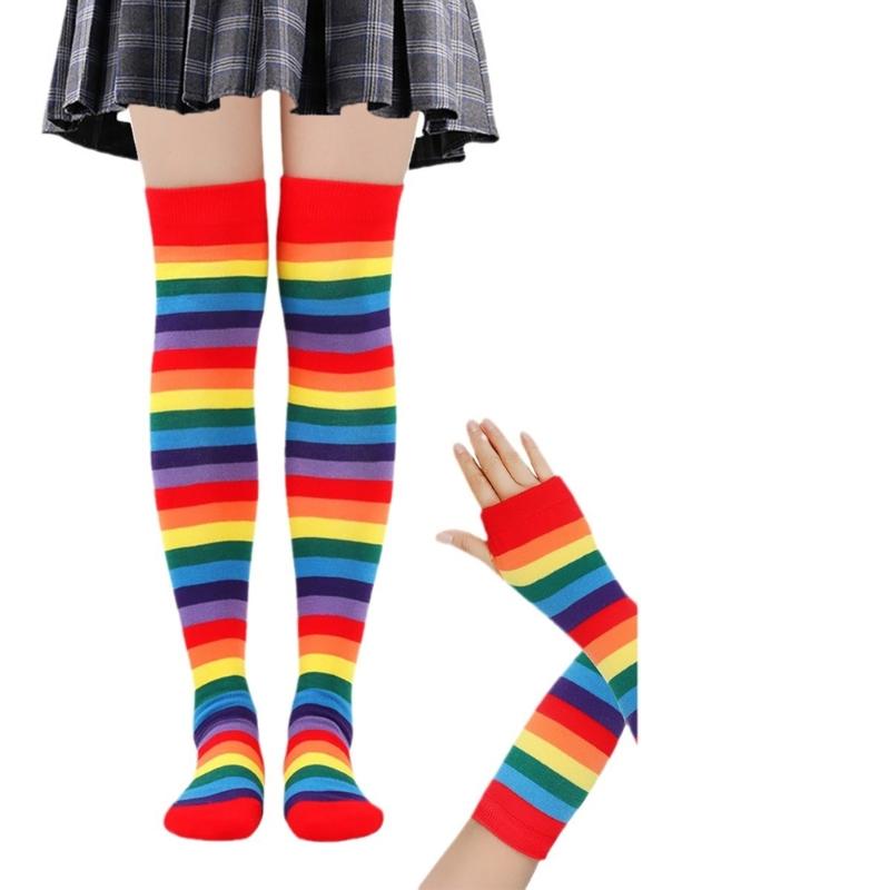 Rainbow Stripe Thigh High Socks Gloves for Female Christmas Party Costume Accessories Stretchy Warm Socks Cosplay Props