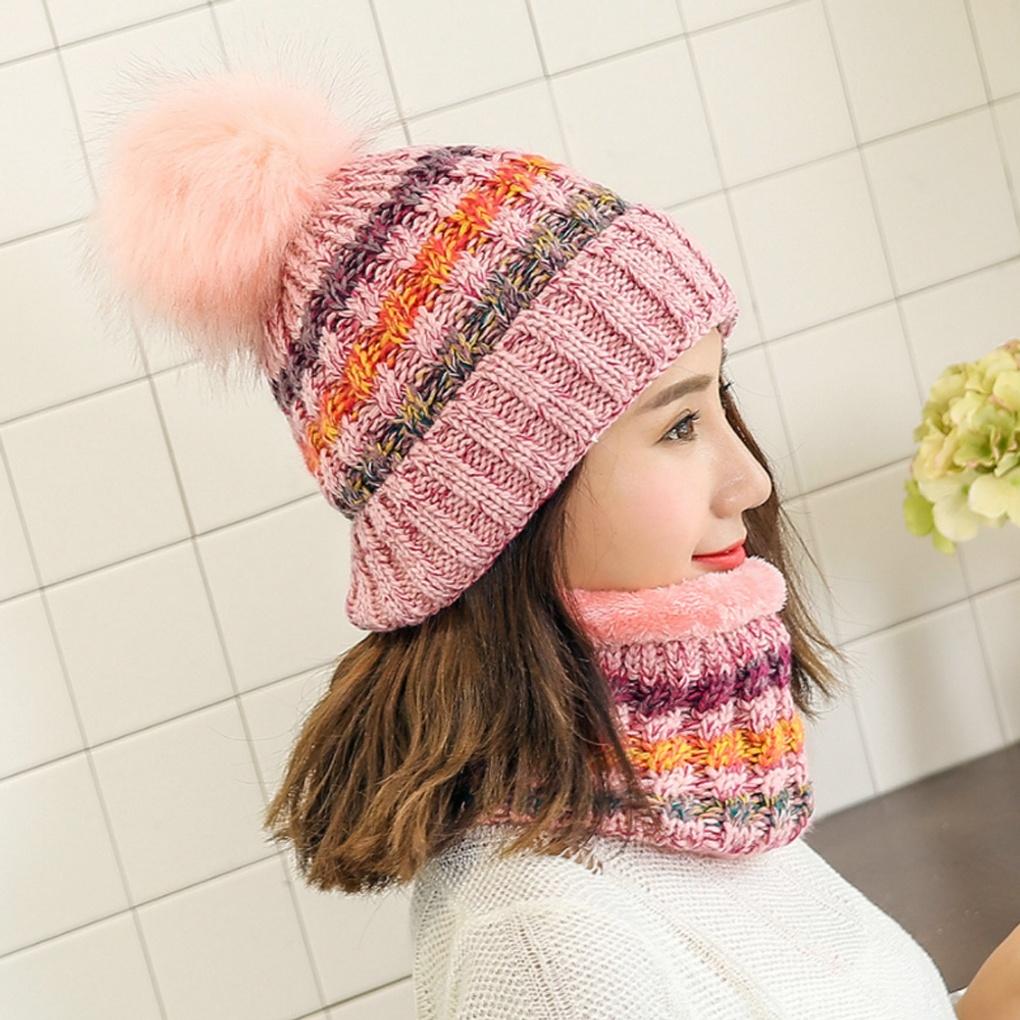 Winter Cold Weather Knit Neck Warmer, Muffler, and Fur Hat Set In Pink