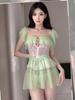 New Sexy Sexy Pure Desire Summer Sweet Girl Hip-Revealing Strap Transparent Dress Elegant Nightdress Green Sweet Mini Dress 18J6