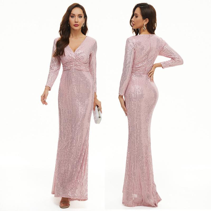 Long-sleeved V-neck sequined fishtail dress host banquet evening dress women's long dress bridesmaid dress toasting dress