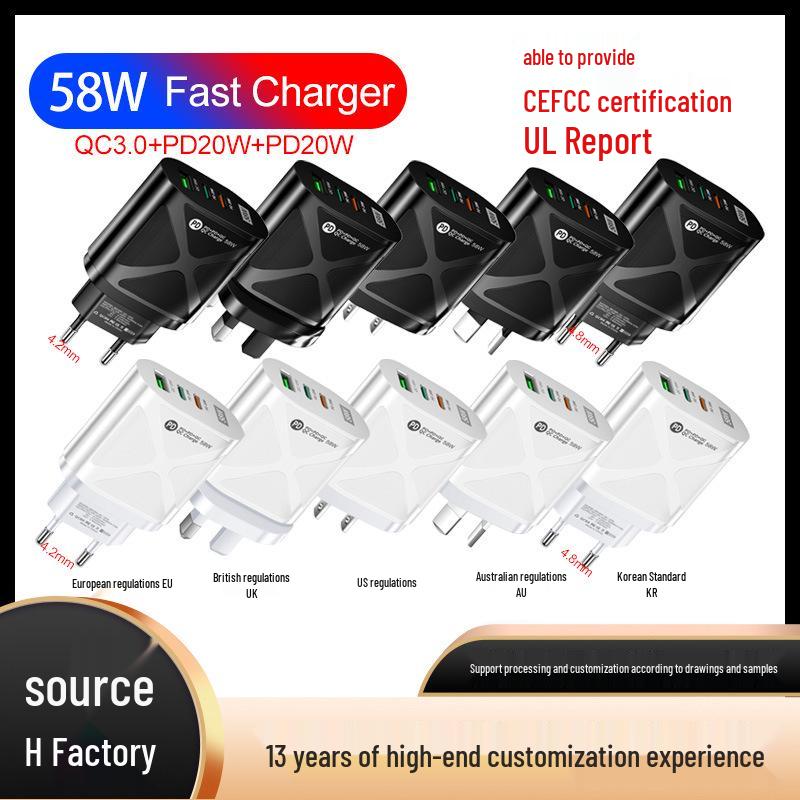 58W Multi-Standard Travel Charger with USB & Dual PD Fast Charging (EU/US/UK/KR/AU)