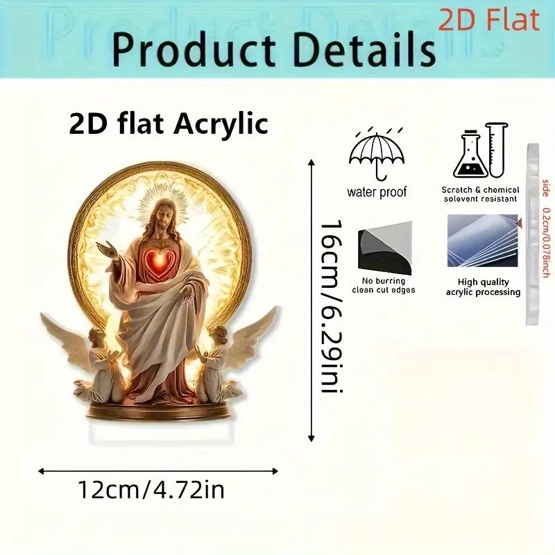 Scultura Acrilica Sacro Cuore di Gesù con Base Opera d'Arte Religiosa Tradizionale Aureola Dorata e Angelo Decorazione da Scrivania