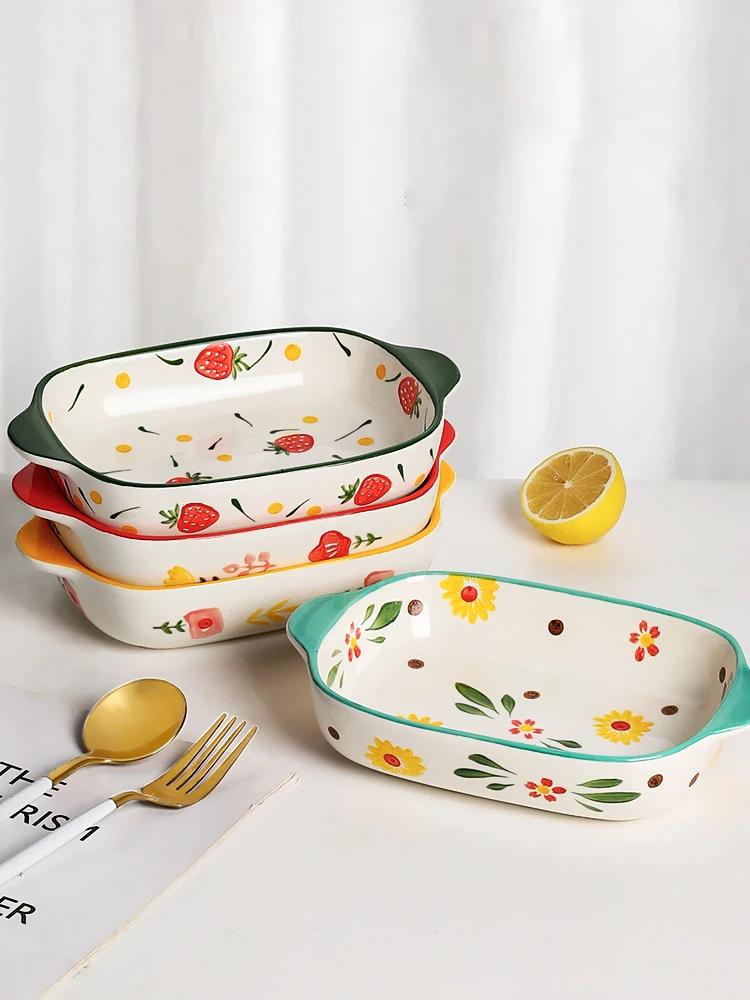 Binaural Ceramic Rectangular Baking Plate Cheese Baked Rice Plate Household Salad Plate Cute Printed Baking Bowl Utensils