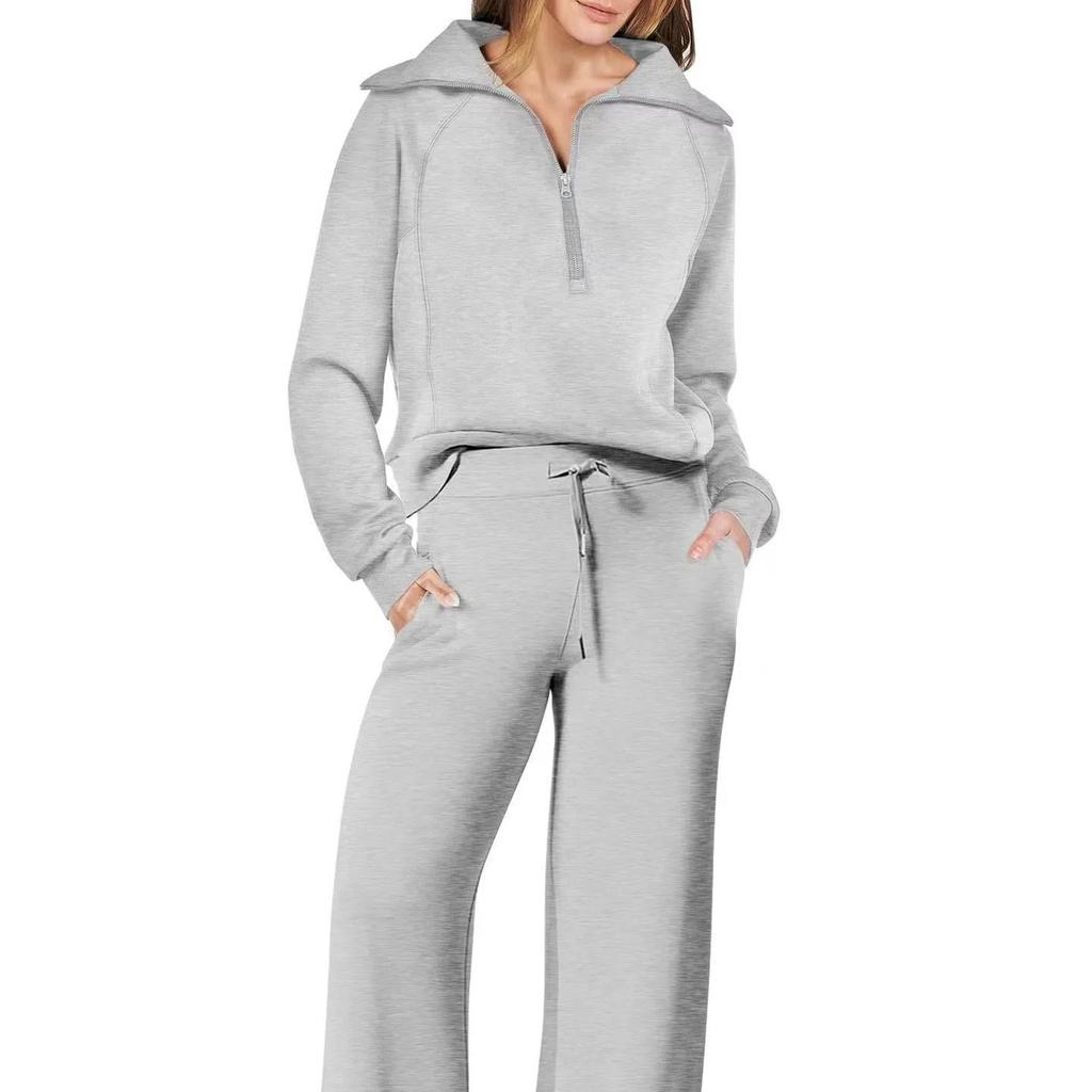 Women's 2 Piece Outfits Casual Lapel Half Zip Sweatshirts And Wide Leg Pants Tracksuit Sets
