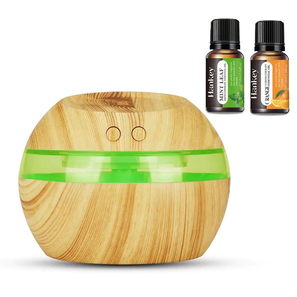 300ml USB Wood Grain Humidifier with 2 Essential Oils, 7 Color LED Lights, Ultra Quiet, Auto Shut-Off