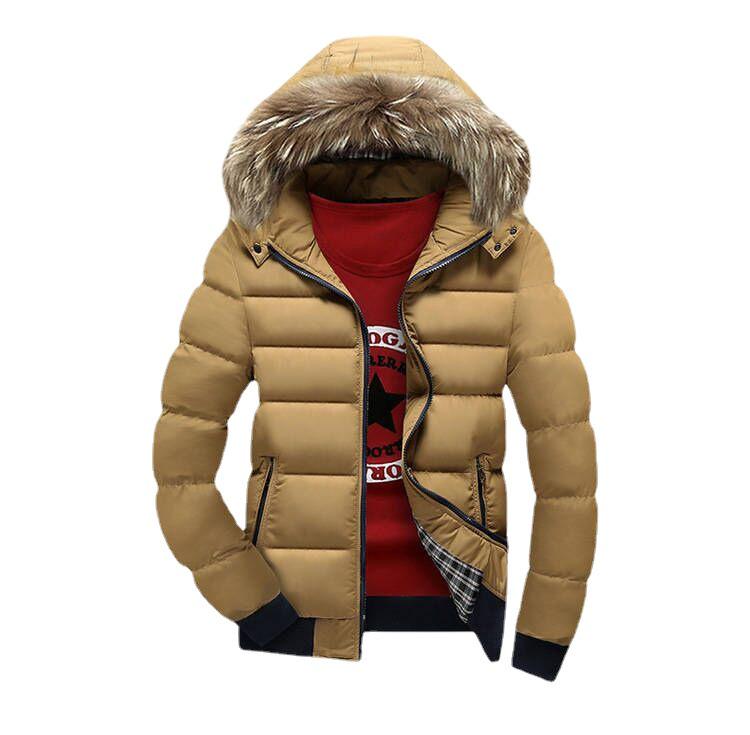 Cappotto da uomo con cappuccio e collo in pelliccia, caldo in cotone - Capispalla casual alla moda