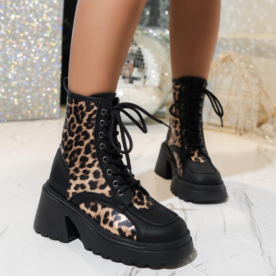 2025 Fall New Arrival Leopard Print Chunky Heel Ankle Boots for Women Lace-Up Thick Sole British Style Plus Size Fashion Boots
