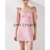 Summer New Product Women's Clothes French Straight Collar Sleeveless Bowknot Decoration Short Small Plaid Dress 2180305