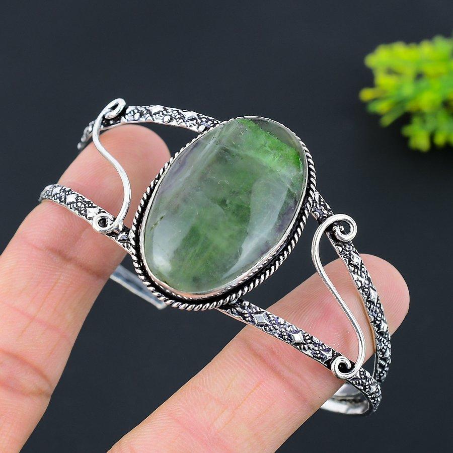 Natural Green Fluorite Gemstone 925 Sterling Silver Cuff Bangle Adjustable N9i39