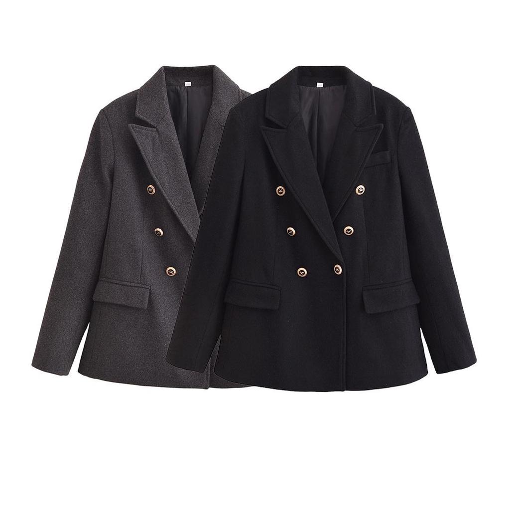 2024 Winter Women's European & American Double-Breasted Padded Shoulder Suit Jacket