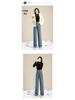 High-Waisted Black-Grey Fleece-Lined Wide-Leg Denim Pants for Women, Autumn/Winter 2025, Perfect for Junior High and High School Students