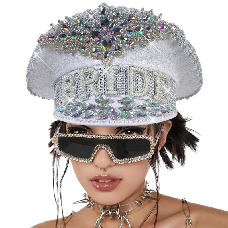 BRIDE Wedding Hat with Colorful Rhinestone Decor Stage Show Hat Military Hat Stage Performances Hat for Masquerade Party