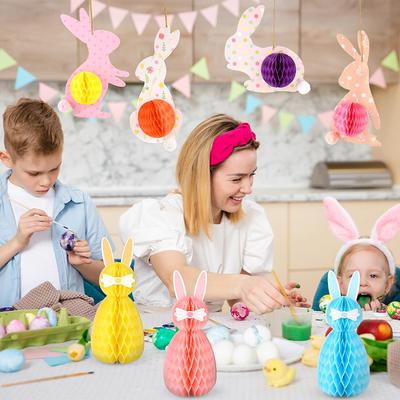 7Pcs Cute Easter Banner Bunny Honeycomb Balls Set Easter Hanging Ornaments Rabbit Easter Table Centerpieces for Easter Party Bunny Theme Party Decor