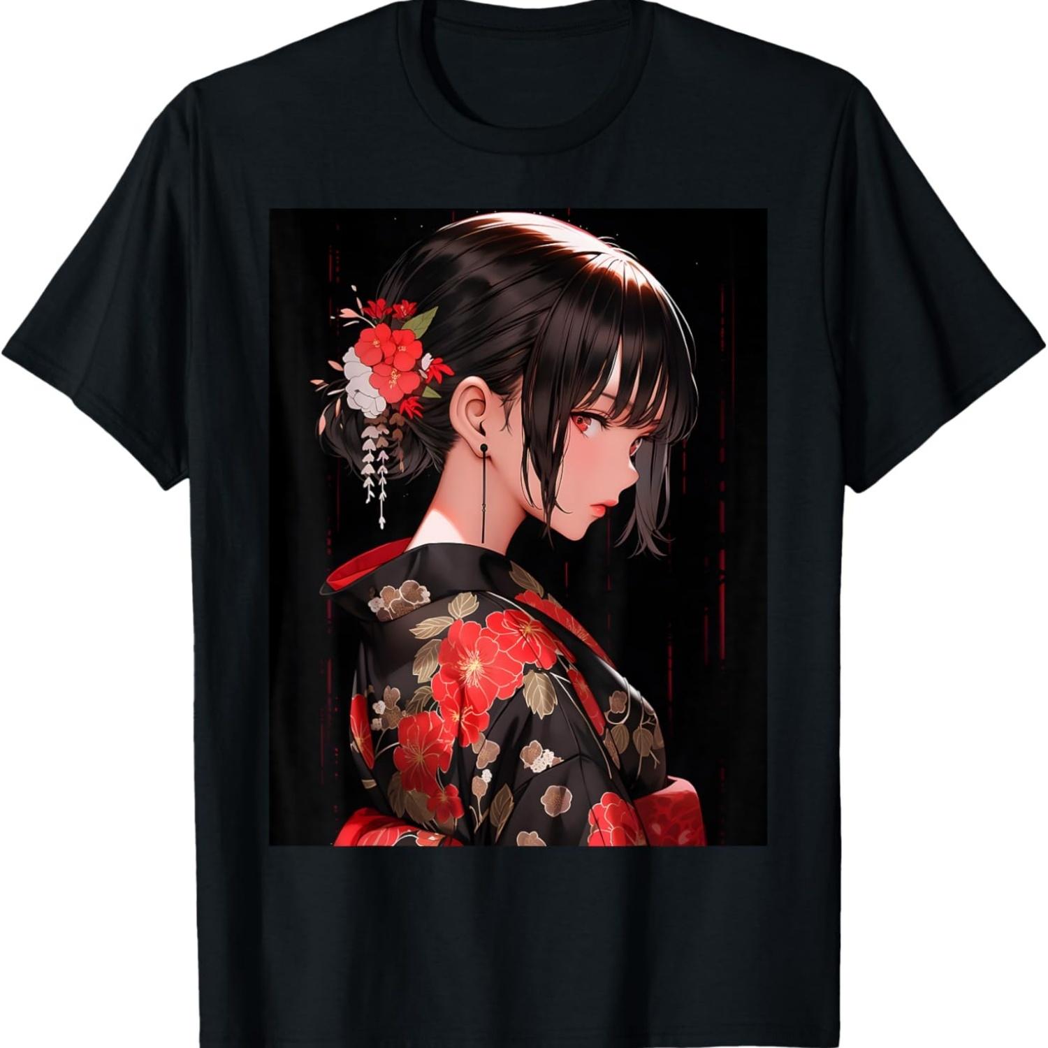 Эстетичная киберпанк аниме манга красная лилия футболка S чёрный